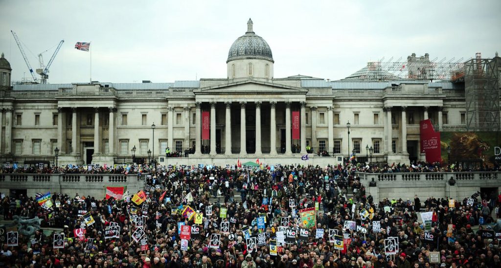 Protesters gather in Trafalgar Square. Photograph: Anthony Devlin/PA