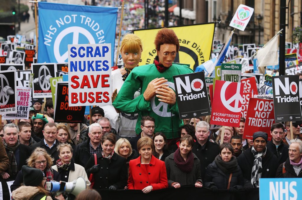 Leanne Wood, Nicola Sturgeon and Caroline Lucas join protesters on the anti-Trident march. Photograph: Dan Kitwood/Getty Images