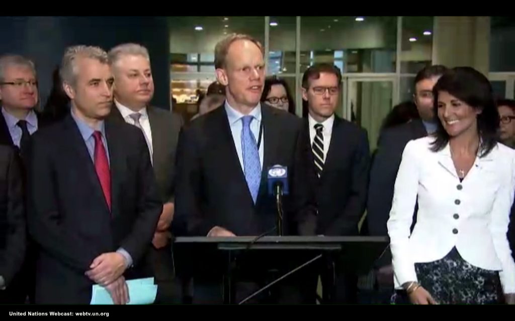 Matthew Rycroft, UK Ambassador to the UN stands beside US Ambassador to the UN Nikki Hayley at a press conference to protest the opening day of the UN Ban Treaty Negotiations, March 2017.